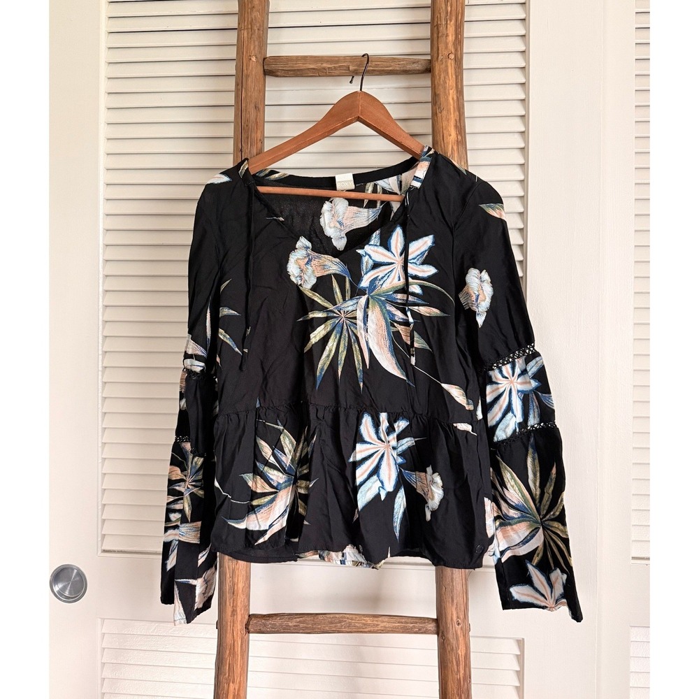 ROXY Black‎ Tropical Floral Print Peasant Blouse Bell Sleeve Size S